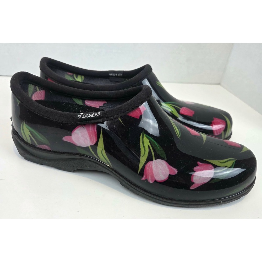 Sloggers Womens Pink Tulip Garden Shoes Black Waterproof Slip On Clogs Size 11